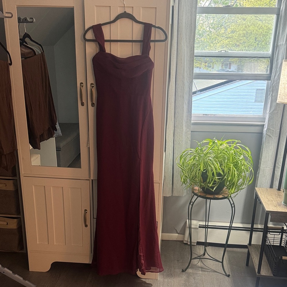 Azazie Burgundy Maxi Dress with Wide Straps